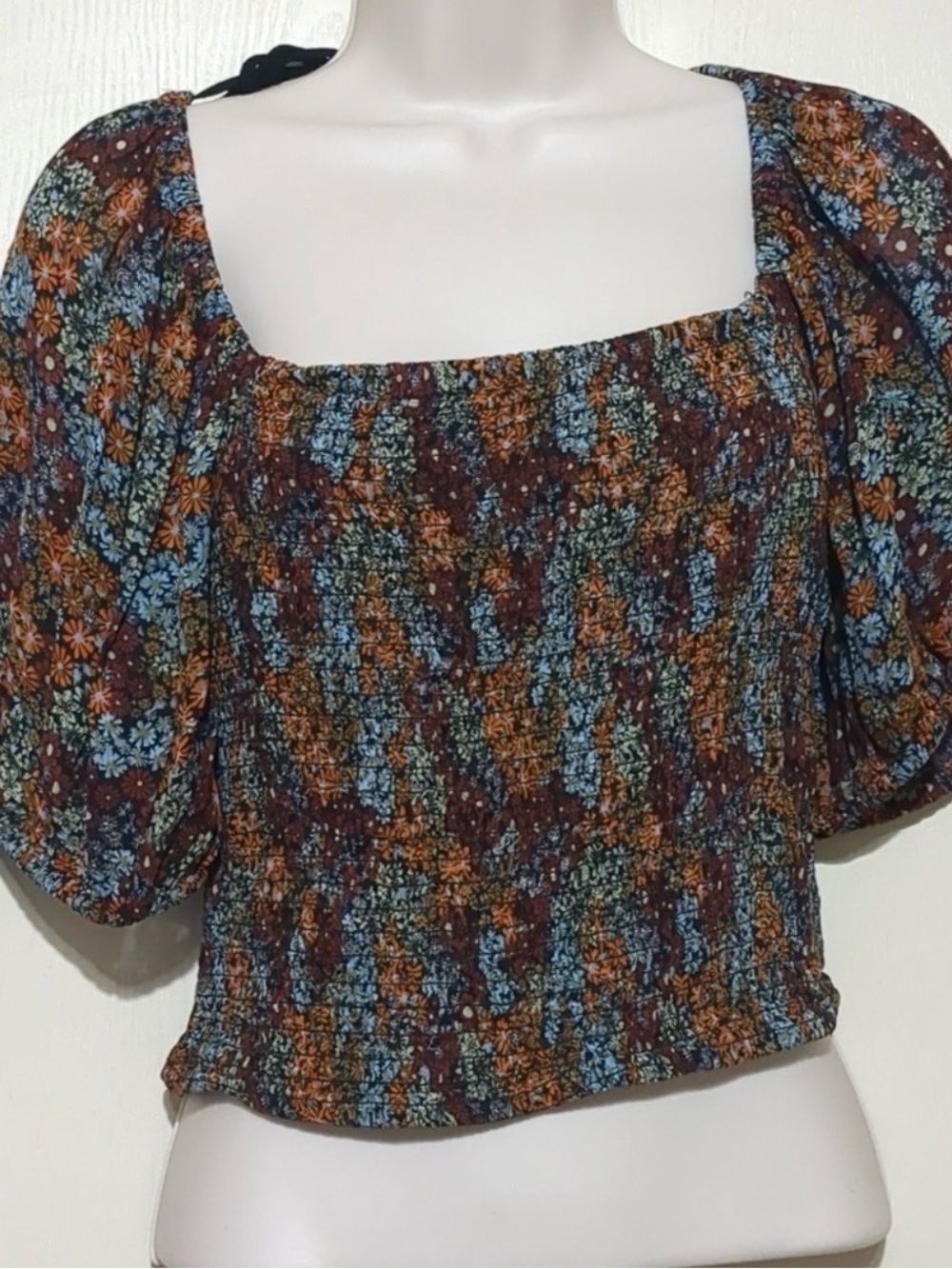 Free People Dark Combo Puff Sleeve Cropped Blouse Top Size Small - Picture 1 of 7